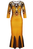 Orange Elegant Print Hollowed Out Patchwork Zipper O Neck Trumpet Mermaid Dresses