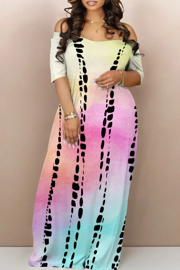Powder Blue Casual Gradient Patchwork Off the Shoulder Long Dresses