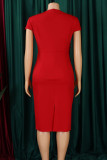 Red Elegant Solid Patchwork Flounce O Neck Wrapped Skirt Dresses