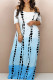 Blue White Casual Gradient Patchwork Off the Shoulder Long Dresses