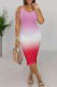 Powder White Casual Gradient Patchwork V Neck Long Dresses