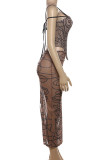 Brown Street Print Bandage Patchwork See-through Backless Spaghetti Strap Sleeveless Two Pieces