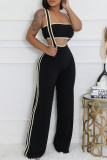 Black Elegant Patchwork Buttons Backless Strapless Sleeveless Two Pieces