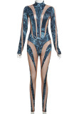 Blue Sexy Print Patchwork See-through O Neck Skinny Jumpsuits