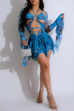 Blue Sexy Print Bandage Hollowed Out Asymmetrical Halter Long Sleeve Two Pieces