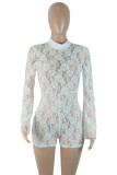 White Sexy Solid Lace Hollowed Out Patchwork See-through Half A Turtleneck Skinny Rompers