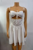 White Sexy Solid Bandage Hollowed Out Backless Spaghetti Strap Sleeveless Dresses
