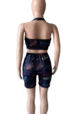 Pink Sexy Print Hollowed Out Patchwork Backless V Neck Sleeveless Two Pieces