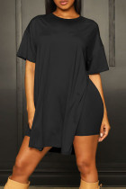 Black Casual Solid Patchwork High Opening O Neck Short Sleeve Two Pieces
