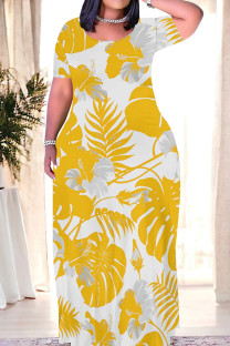 Light Yellow Casual Print Patchwork O Neck Long Dresses