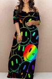 Red Casual Print Patchwork Pocket Off the Shoulder Long Dresses
