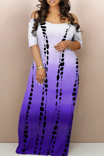 Purple And White Casual Gradient Patchwork Off the Shoulder Long Dresses
