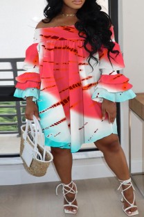Rose Red Casual Print Tie Dye Patchwork Off the Shoulder Long Sleeve Plus Size Dresses