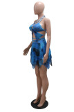 Blue Sexy Print Bandage Hollowed Out Asymmetrical Halter Long Sleeve Two Pieces