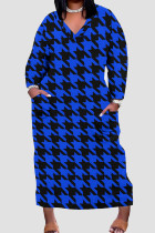 Blue Casual Print Patchwork Pocket V Neck Long Plus Size Dresses