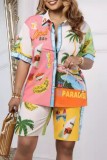 Multicolor Casual Print Patchwork Shirt Collar Short Sleeve Two Pieces