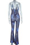 Blue Sexy Print Hollowed Out Patchwork Backless Stringy Selvedge Spaghetti Strap Regular Jumpsuits