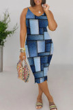 Rose Red Casual Print Patchwork V Neck Wrapped Skirt Dresses