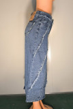 Blue Street Patchwork Pocket Buttons Slit Zipper Loose Mid Waist Straight Patchwork Bottoms