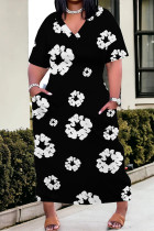 Black Casual Street Geometric Print Pocket V Neck Printed Plus Size Dresses