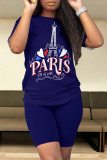 Black Casual Letter Geometric Print O Neck Short Sleeve Two Pieces