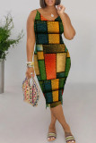 Rose Red Casual Print Patchwork V Neck Wrapped Skirt Dresses