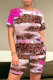 Pink Casual Geometric Print Leopard Contrast O Neck Short Sleeve Two Pieces