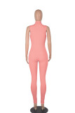 Pink Casual Solid Patchwork Zipper Zipper Collar Skinny Jumpsuits