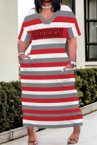 Red White Casual Street Geometric Print Pocket V Neck Printed Plus Size Dresses
