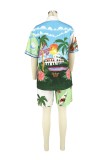 Multicolor Casual Print Patchwork Shirt Collar Short Sleeve Two Pieces