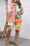Multicolor Casual Print Patchwork Shirt Collar Short Sleeve Two Pieces