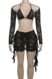 Black Sexy Solid See-through Backless Long Sleeve Three Piece Set