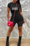 Pink Casual Letter Patchwork Zipper O Neck Skinny Rompers