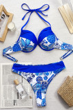 Blue Sportswear Print Patchwork Swimwears(With Paddings)
