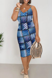 Rose Red Casual Print Patchwork V Neck Wrapped Skirt Dresses