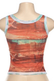 Red Street Print Patchwork O Neck Tops