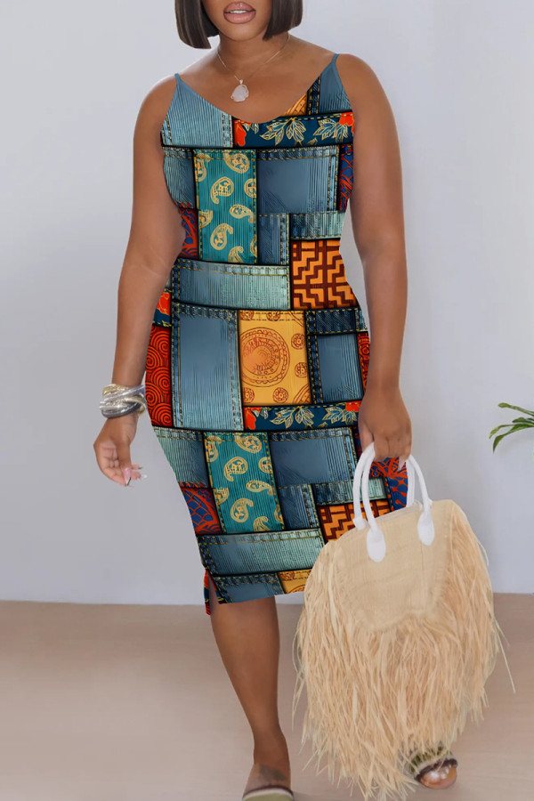 Light Yellow Casual Print Patchwork V Neck Wrapped Skirt Dresses