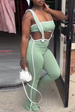 Blue Sweet Patchwork Slit Strapless Sleeveless Two Pieces