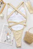 White Sexy Patchwork Backless Contrast Swimwears