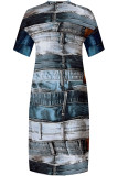Lake Blue Casual Mixed Printing Pocket V Neck Printed Plus Size Dresses
