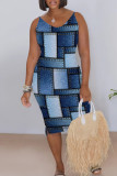 Rose Red Casual Print Patchwork V Neck Wrapped Skirt Dresses
