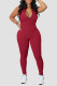 Burgundy Casual Solid Patchwork Zipper Zipper Collar Skinny Jumpsuits