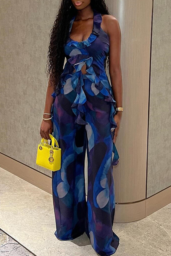 Blue Sexy Print Hollowed Out Patchwork Backless Stringy Selvedge Spaghetti Strap Regular Jumpsuits