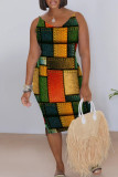Rose Red Casual Print Patchwork V Neck Wrapped Skirt Dresses