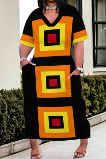 Black Yellow Casual Street Geometric Print Pocket V Neck Printed Plus Size Dresses