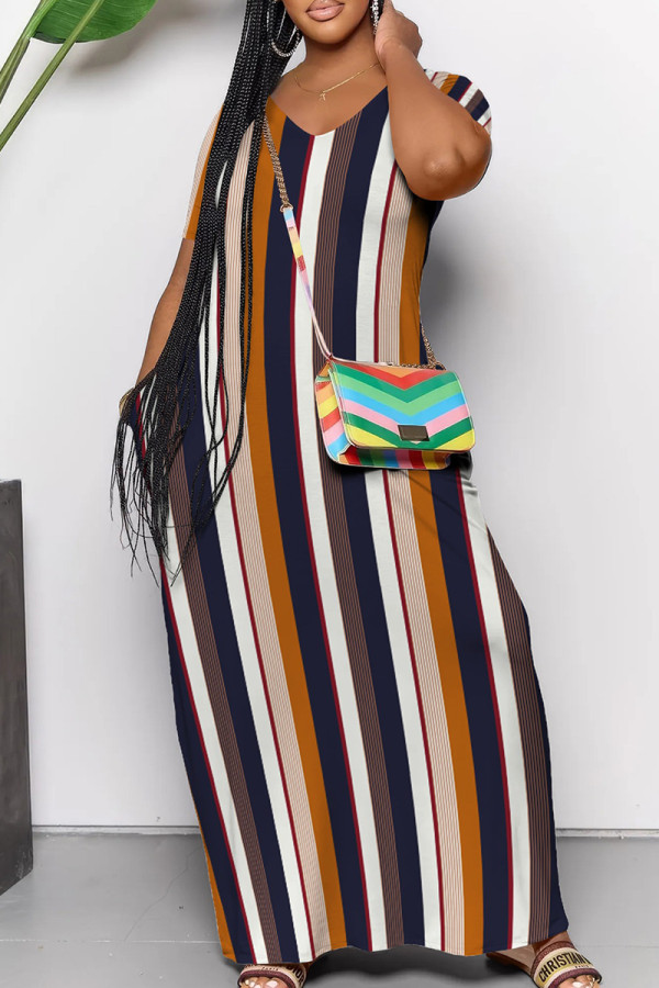 Orange Casual Color Block Patchwork Pocket V Neck Long Dresses