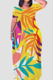 Rose Red Casual Print Patchwork O Neck Long Dresses