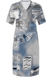 Light Blue Casual Mixed Printing Pocket V Neck Printed Plus Size Dresses