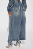 Blue Street Patchwork Pocket Buttons Slit Zipper Loose Mid Waist Straight Patchwork Bottoms