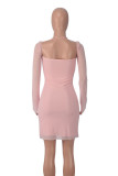 Pink Sexy Solid Patchwork Backless Square Collar Wrapped Skirt Dresses